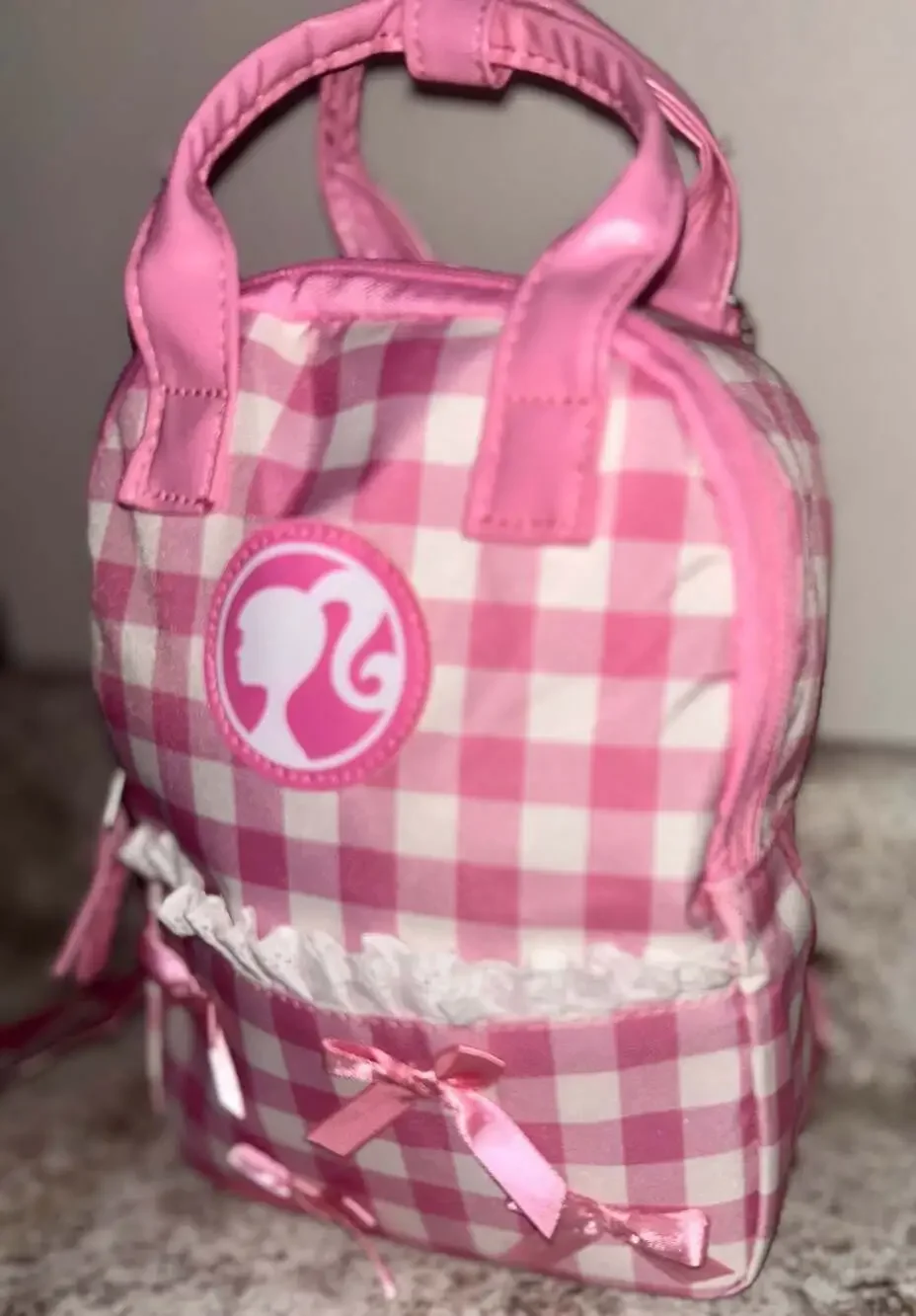 Barbie Pink Gingham Checkered Mini Backpack/lunchbox with Lace Trim and Bow